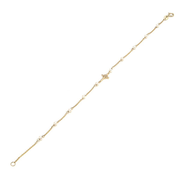 14K Yellow Gold Pearl and Cross Bracelet