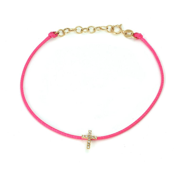 14K Yellow Gold Diamond Cross Pink Cord Bracelet
