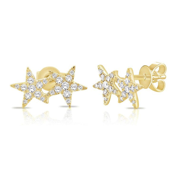 14K White  Diamond Double Star Earrings