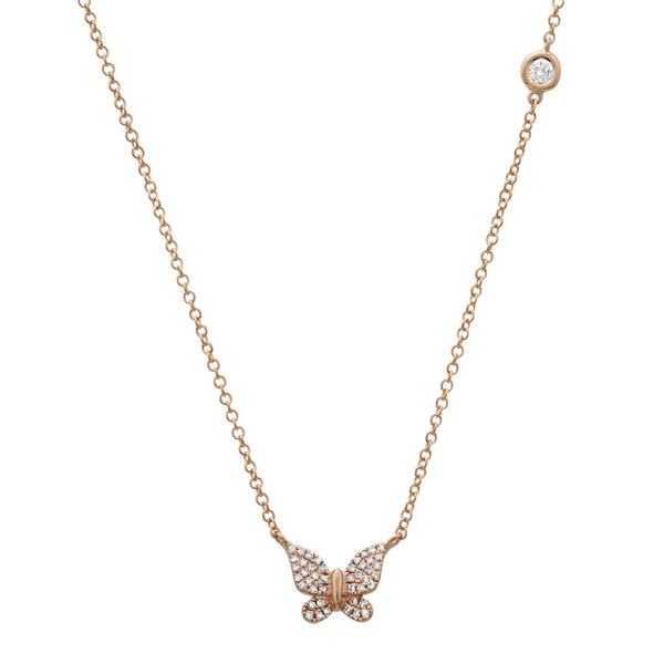 14K Rose Gold Butterfly Necklace with Diamond Bezel Chain