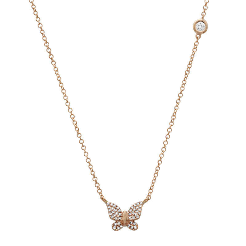 14K Rose Gold Butterfly Necklace with Diamond Bezel Chain