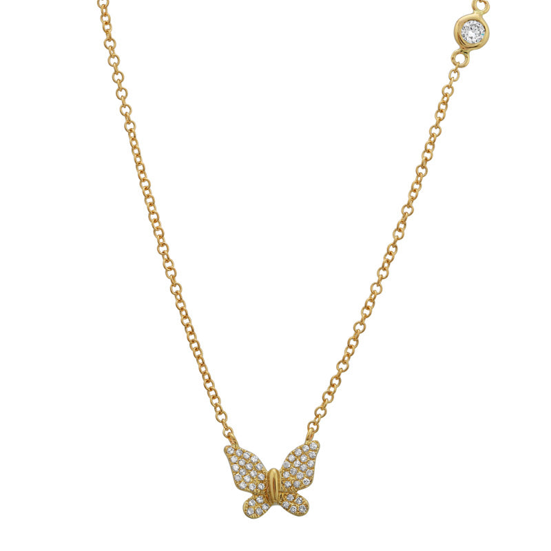 14K Yellow Gold Butterfly Necklace with Diamond Bezel Chain