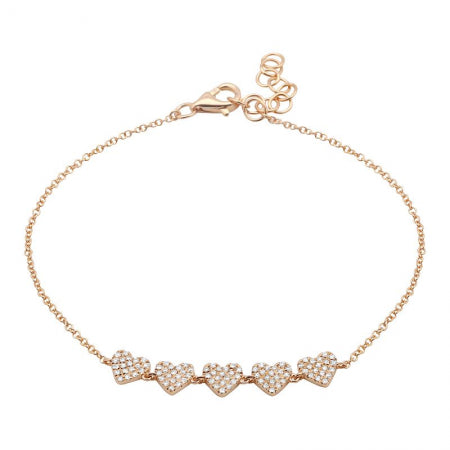 14K Rose Gold Diamond 5 Heart Bracelet