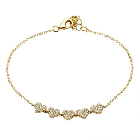 14K Yellow Gold Diamond 5 Heart Bracelet