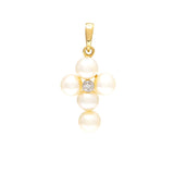 14K Yellow Gold Mini Pearl and Diamond Cross Necklace-Necklaces-lau international-