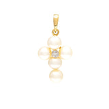 14K Yellow Gold Mini Pearl and Diamond Cross Necklace