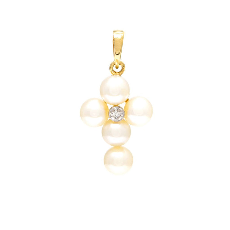 14K Yellow Gold Mini Pearl and Diamond Cross Necklace-Necklaces-lau international-