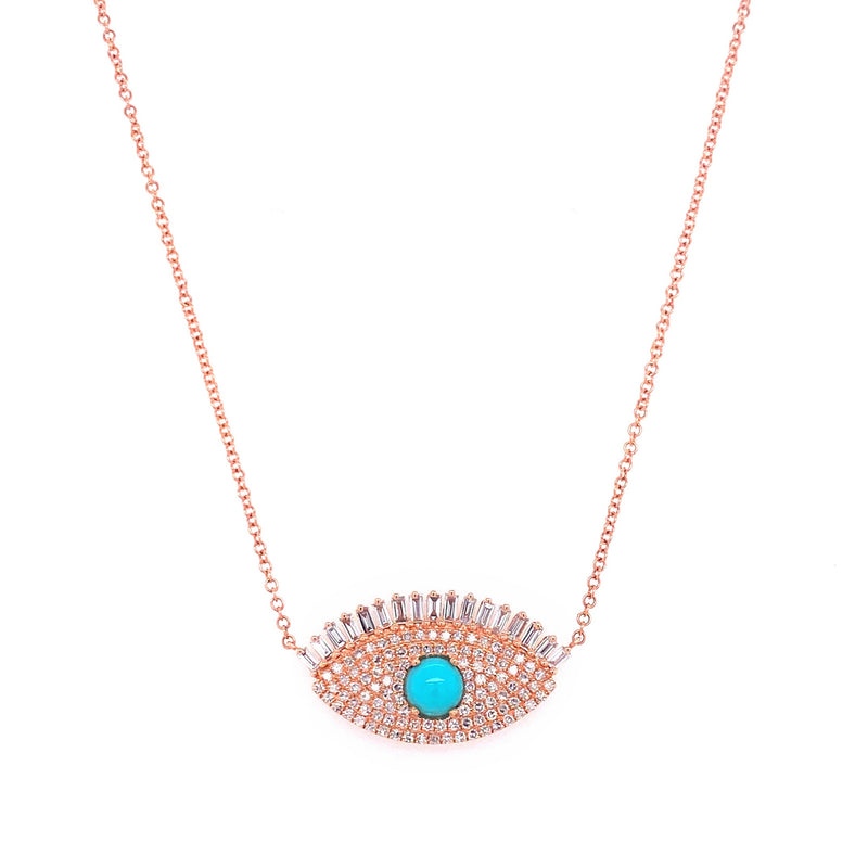 14K Rose Gold Diamond + Turquoise Evil Eye Necklace