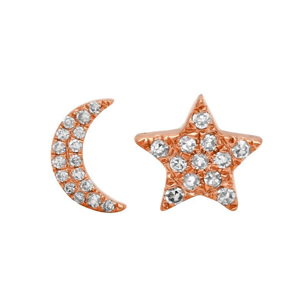 14K Yellow Gold Diamond Moon + Star Stud Earrings