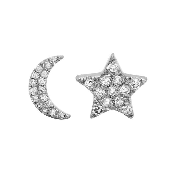 14K White Gold Diamond Moon + Star Stud Earrings