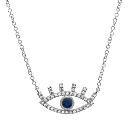 14K White Gold Diamond + Sapphire Evil Eye Necklace