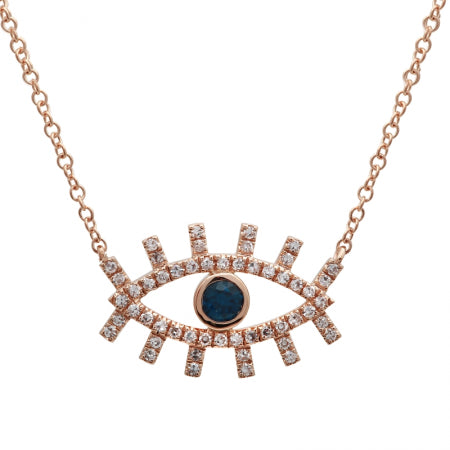 14K Yellow Gold Diamond + Sapphire Evil Eye Eyelash Necklace