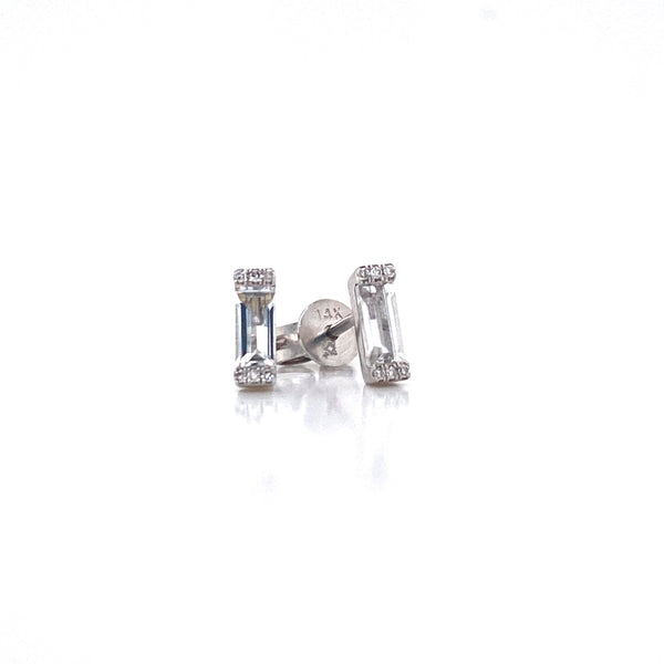 14K White Gold Diamond + White Topaz Baguette Earrings