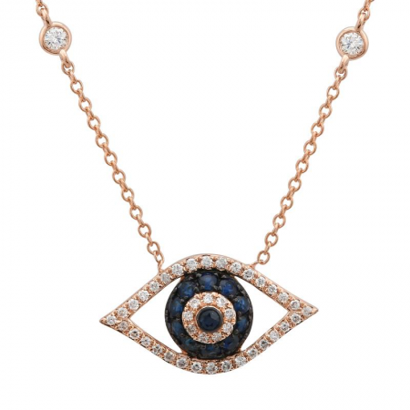 14K Yellow Gold Diamond + Blue Sapphire Evil Eye Necklace-Necklaces-superbell-ROSE GOLD-