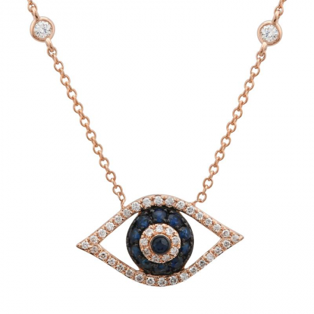 14K Yellow Gold Diamond + Blue Sapphire Evil Eye Necklace