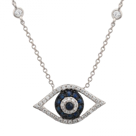 14K White Gold Diamond + Blue Sapphire Evil Eye Necklace-Necklaces-Maurice's Jewelers-WHITE GOLD-