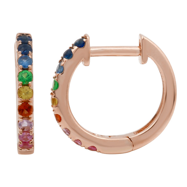 14K Rose Gold Multi-Sapphire Rainbow Mini Hoop Earrings