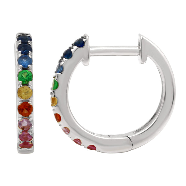 14K Rose Gold Multi-Sapphire Rainbow Mini Hoop Earrings