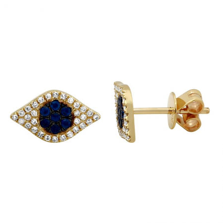 14K Yellow Gold Diamond + Sapphire Evil Eye Earrings