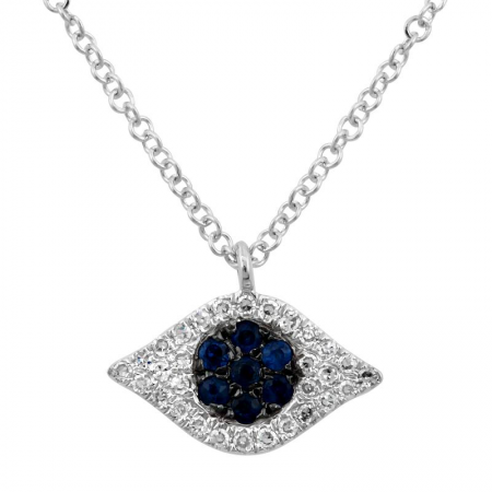 14K White Gold Diamond + Sapphire Evil Eye Necklace