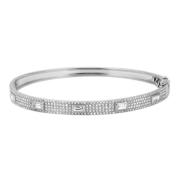 14K White Gold Diamond Bangle with Baguette Accents