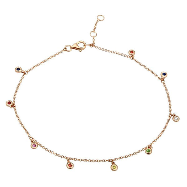 14K Rose Gold Rainbow Gemstone Anklet-Anklet-Maurice's Jewelers-Yellow Gold-