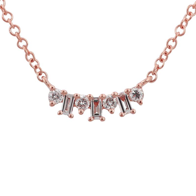 14K White Gold Staggered Baguette and Round Diamond Necklace-Necklaces-superbell-Rose Gold-
