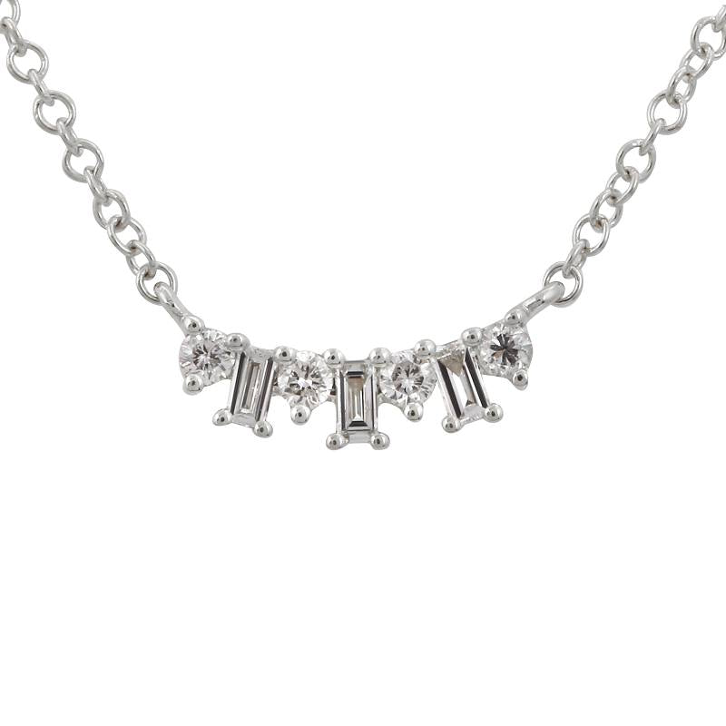14K White Gold Staggered Baguette and Round Diamond Necklace-Necklaces-superbell-White Gold-