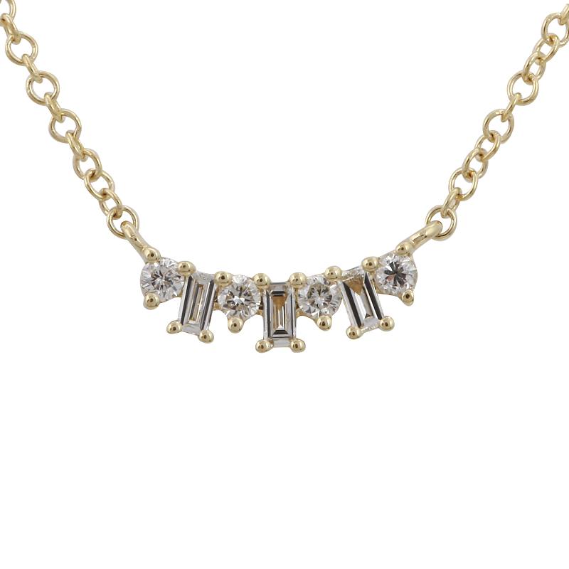 14K White Gold Staggered Baguette and Round Diamond Necklace-Necklaces-superbell-Yellow Gold-