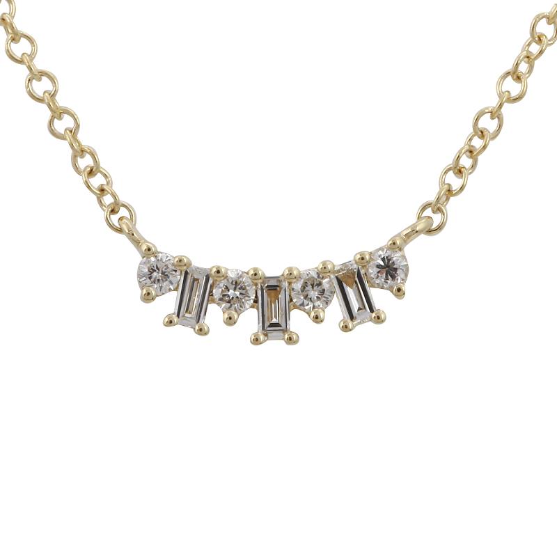 14K White Gold Staggered Baguette and Round Diamond Necklace