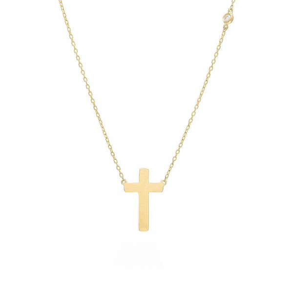 14k Yellow Gold Cross with Single Bezel Diamond Necklace