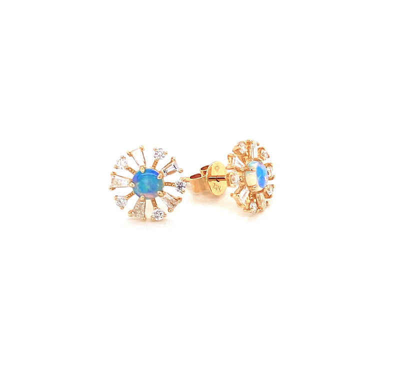 14K Yellow Gold Diamond +Opal Starburst Earrings