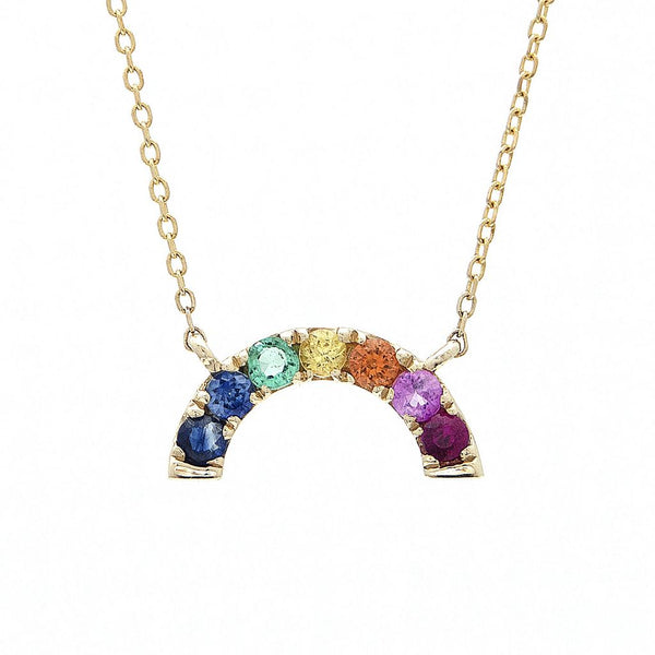 14K Yellow Gold Colored Stones Rainbow Necklace