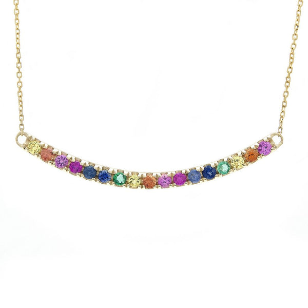 14K Yellow Gold Multi Sapphire Rainbow Curved Necklace