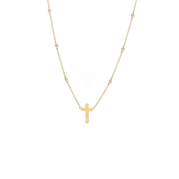 14K Yellow Gold Diamond By The Yard Necklace With Gold Cross-Necklaces-lau international-