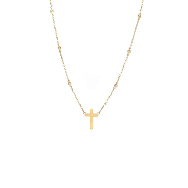 14K Yellow Gold Diamond By The Yard Necklace With Gold Cross