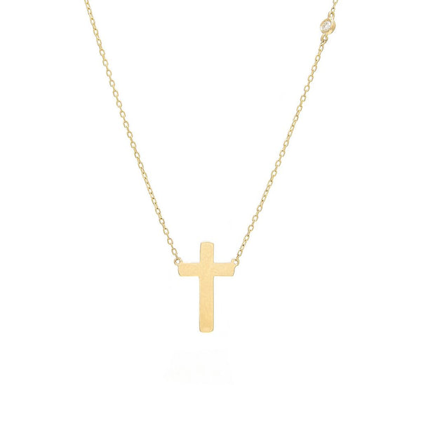 14K Yellow Gold Diamond Bezel Set Diamond & Cross Necklace