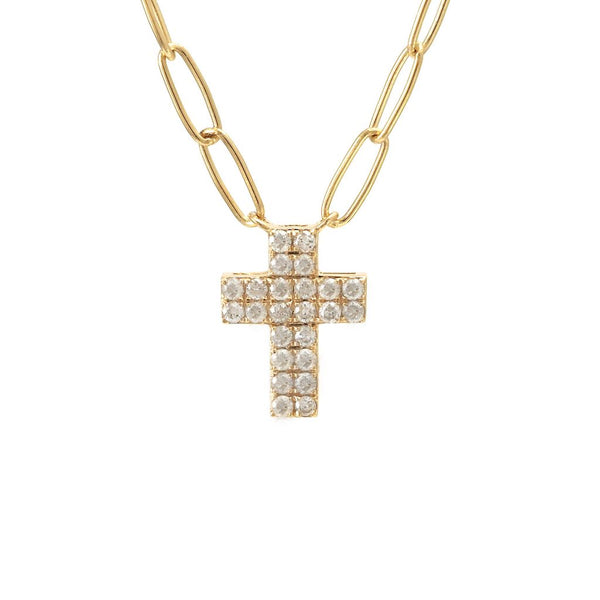 14K Yellow Gold Diamond Double Row Cross Necklace