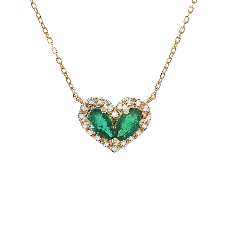 14K Yellow Gold Diamond and Pear Emerald Heart Necklace