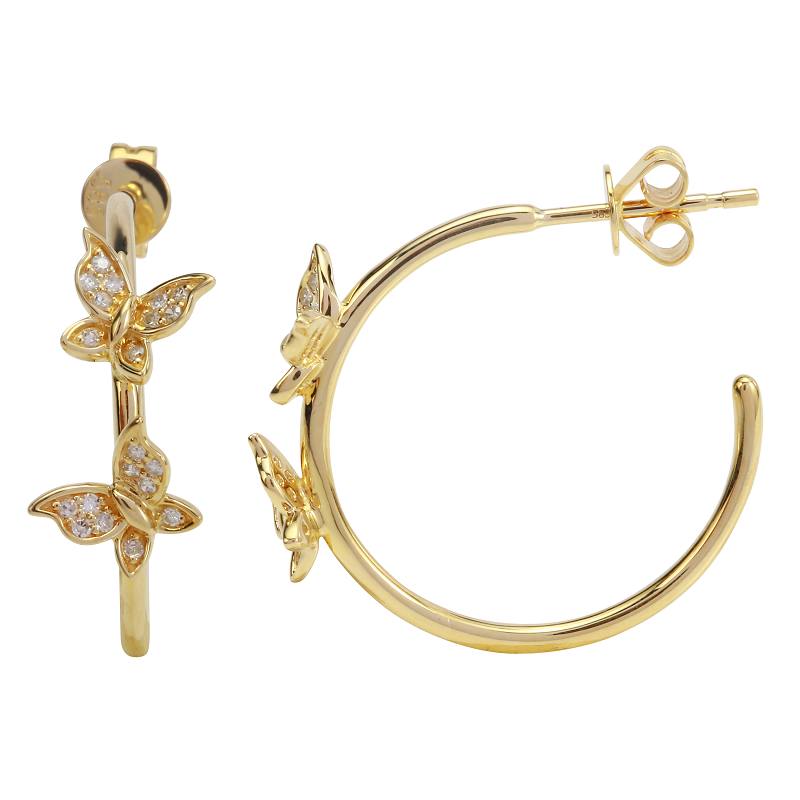 14K Yellow Gold Butterfly Diamond Hoop Earrings
