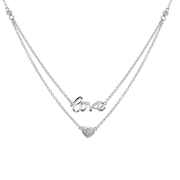 14K White Gold Layered Diamond Love + Heart Necklace