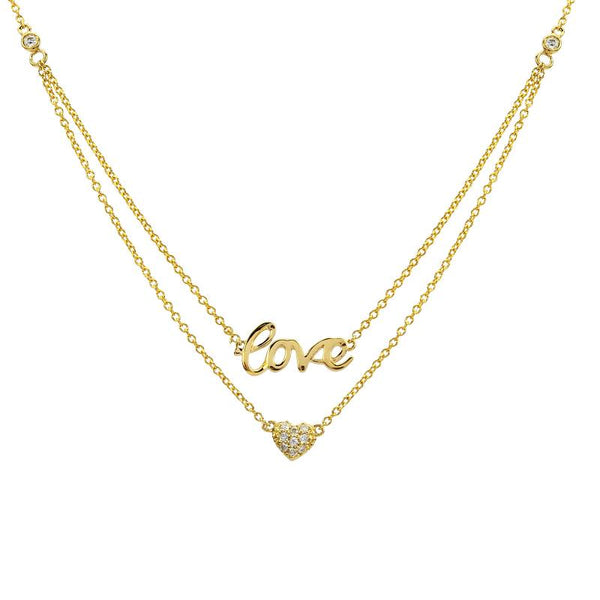 14K Yellow Gold Layered Diamond Love + Heart Necklace