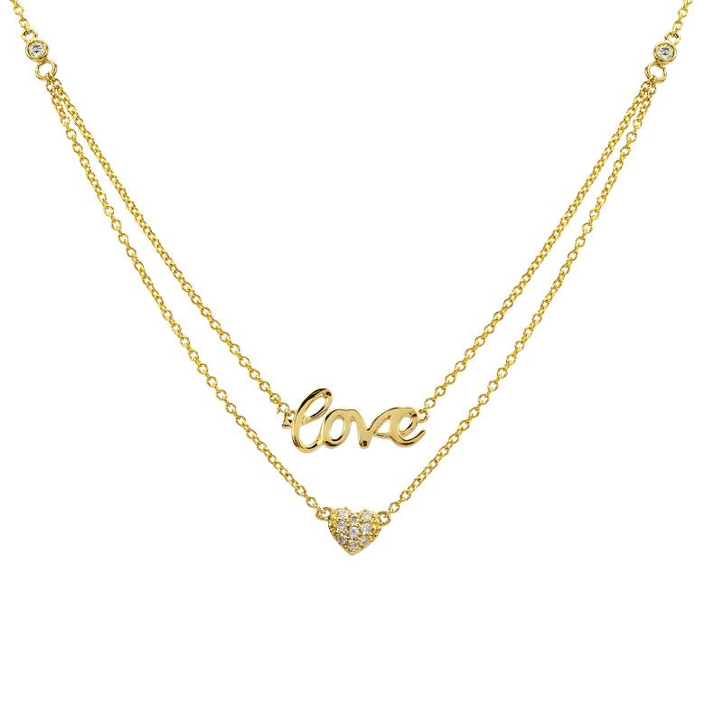 14K Yellow Gold Layered Diamond Love + Heart Necklace-Necklaces-superbell-Yellow Gold-