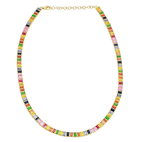 14k Yellow Gold Rainbow Multi Gemstone Tennis Necklace