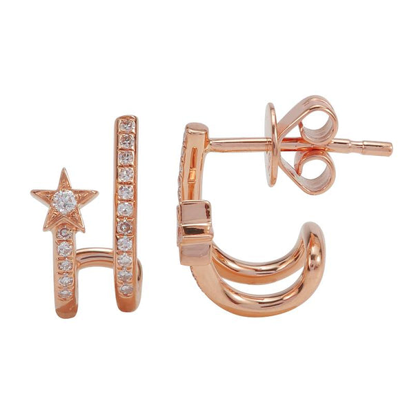 14K Rose Gold Diamond Star Huggie Earrings