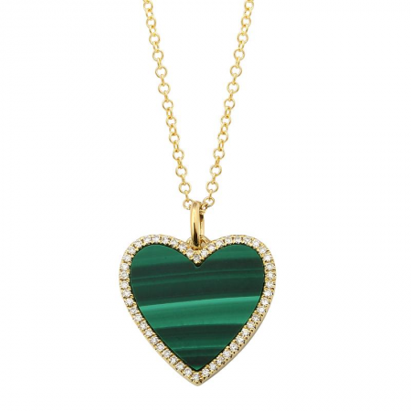 14K Yellow Gold Diamond + Malachite Small Heart Necklace