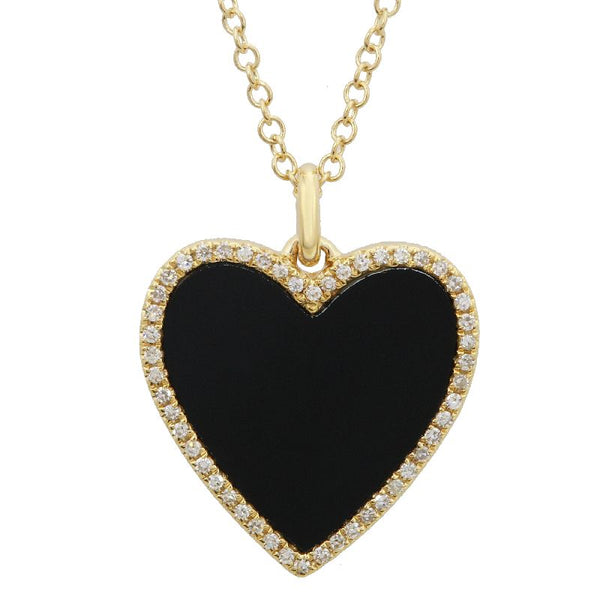 14k Yellow Gold Diamond Onyx Heart Necklace