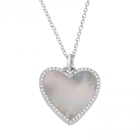 14K White Gold Diamond + Mother of Pearl Medium Heart Necklace