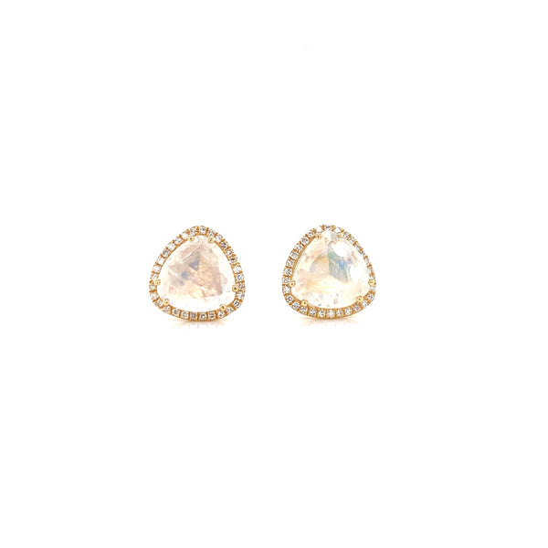 14K Yellow Gold Diamond + Moonstone Trillion Stud Earrings