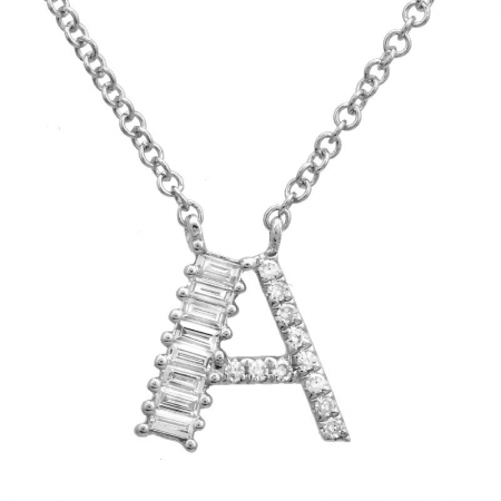 14K White Gold Round & Baguette Diamond Initial Necklace-Necklaces-superbell-A-